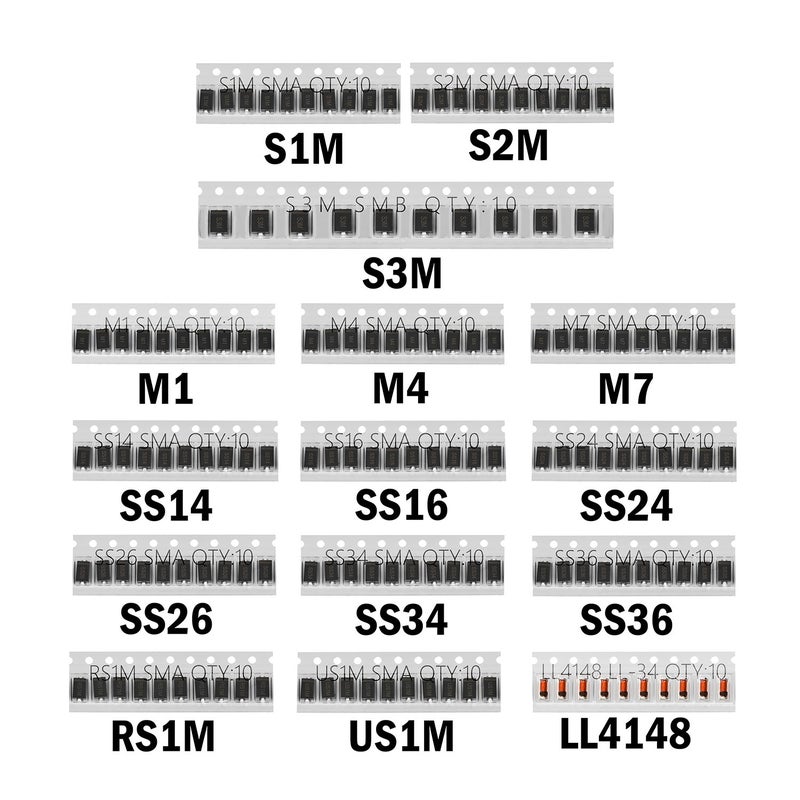 CHANZON SMD Fast Switching/Schottky/Rectifier Diode Assorted Kit (15 Values Total 150pcs: M1 M4 M7 S1M S2M S3M SS14 SS16 SS24 SS26 SS34 SS36 RS1M US1M LL4148) Electronic Component Assortment Set - Image 1